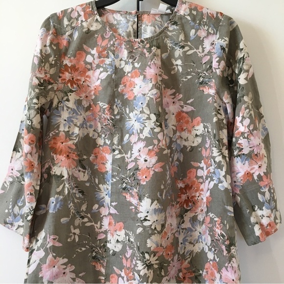 J. Jill 100%  Linen  Floral Ruffle Hem 3/4 long sleeves Crew Neck Relaxed Dress - Picture 5 of 16
